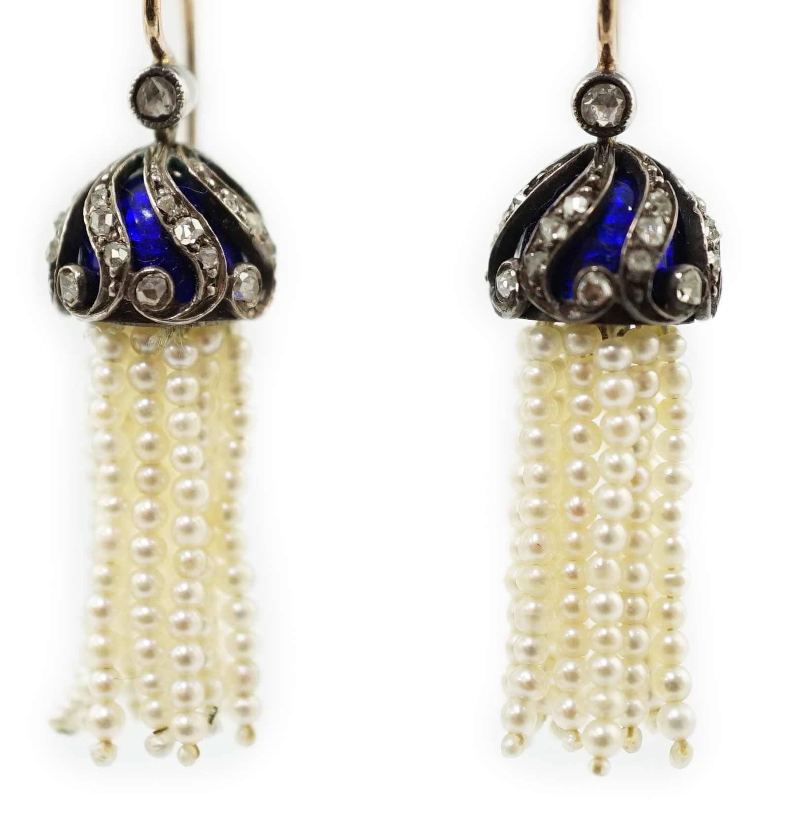 A pair of late Victorian, gold and seed pearl multi tassel drop earrings